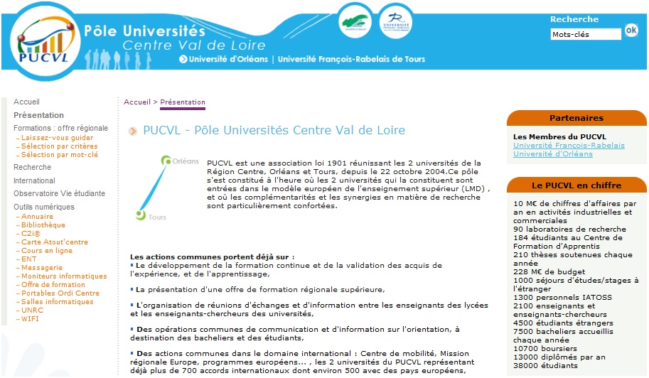 Screenshot du portail Pôle Universités Centre Val de Loire