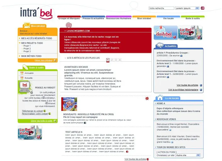 Screenshot de l'Intranet du groupe Bel