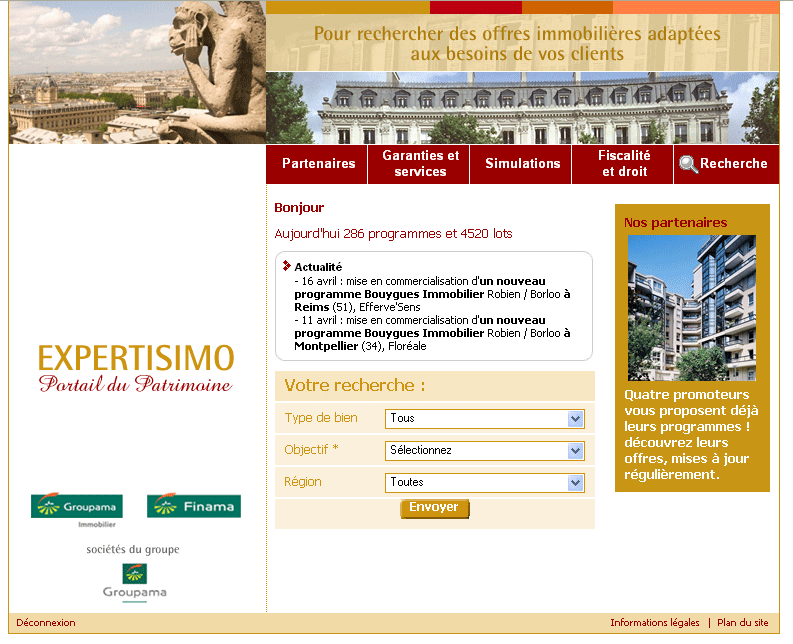 Screenshot du Portail Patrimonial de la Banque FINAMA (partie immobilier)