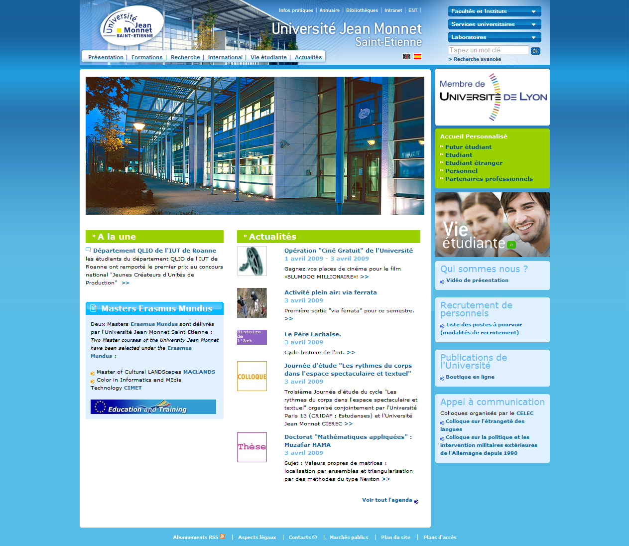 Screenshot du site internet de l'Université Jean Monnet Saint-Etienne