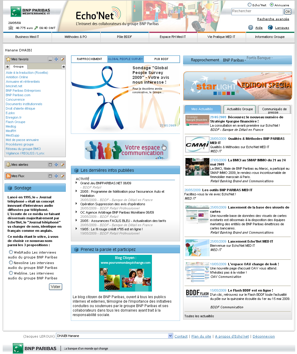 Screenshot du Portail groupe Business to Employees : Echo'net