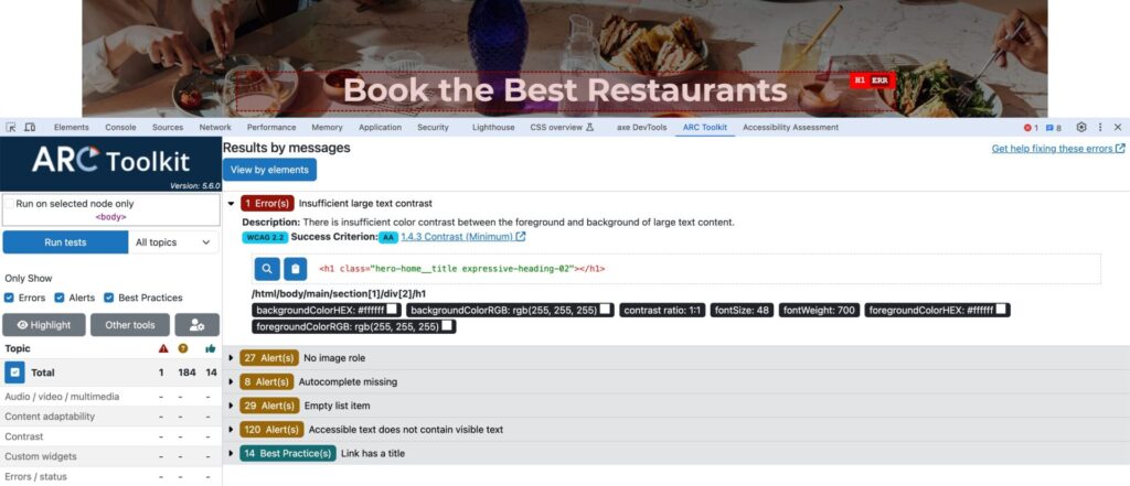 résultat test automatisé - outil aXe DevTools
